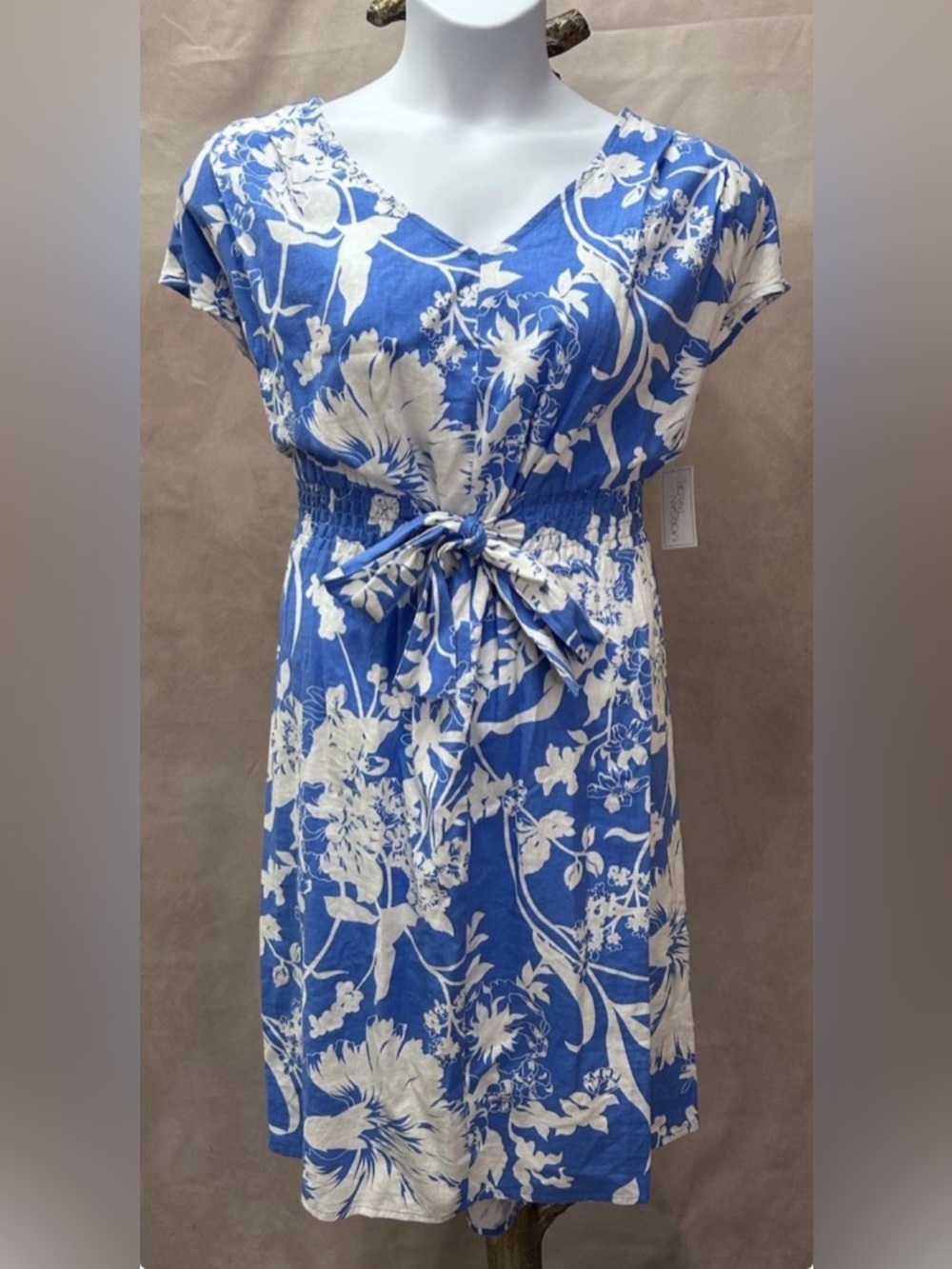 NWT Morgan Taylor Linen Blend Blue & White Floral Print Dress Size XL